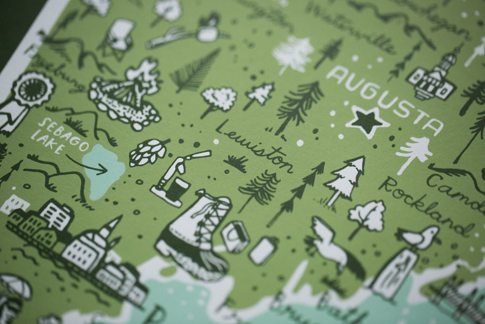 Maine Map Print by Brainstorm - Visit Portland, Kennebunkport, Acadia, Freeport, York, Fryeburg, Camden, Mt. Katahdin, Lewiston, Allagash