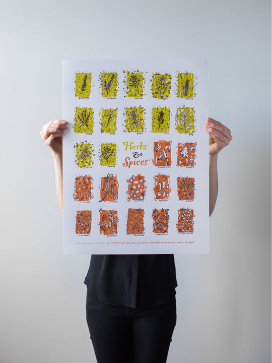 Herbs & Spices Print by Brainstorm - HERBS: rosemary, oregano, parsley, mint, chives, thyme, sage, basil, dill, bay, cilantro, savory SPICES: cinnamon, ginger, cloves, vanilla, nutmeg, paprika, cumin, peppercorn, turmeric, mustard, cardamom, coriander