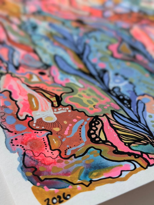 Close-up of a colorful abstract art painting featuring vibrant watercolor splashes in pink, blue, orange, green, and yellow outlined with black acrylic lines