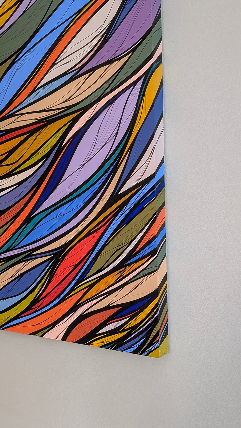 A close-up of a colorful abstract painting hanging on a light gray wall. The artwork features flowing, ribbon-like lines in many colors including blue, orange, yellow, purple, green, pink, and black outlines. Resonance Painting by Briana Feola