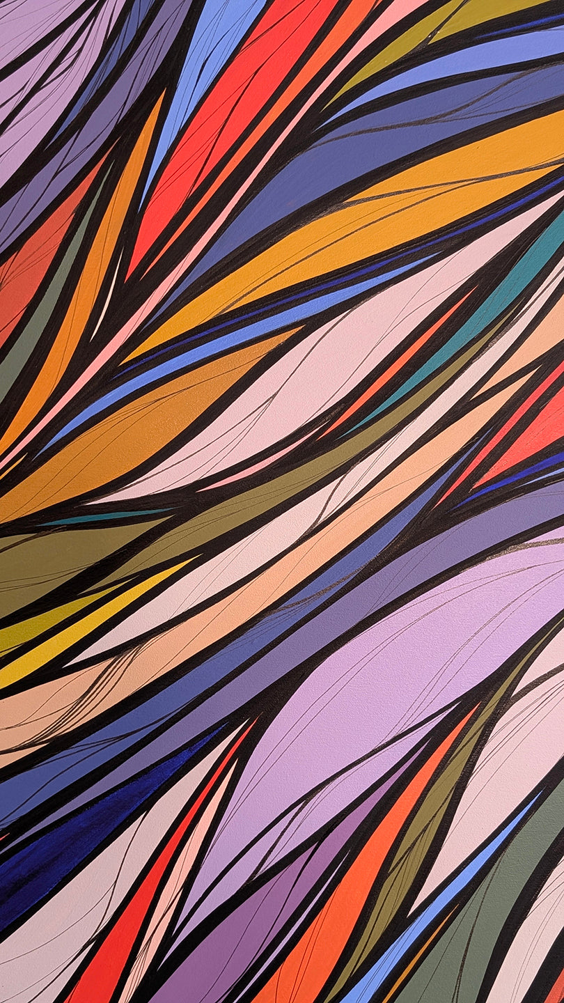 Abstract artwork featuring sweeping, flowing ribbon-like shapes in orange, purple, blue, pink, yellow, red, and green separated by thin black lines. Resonance Painting by Briana Feola