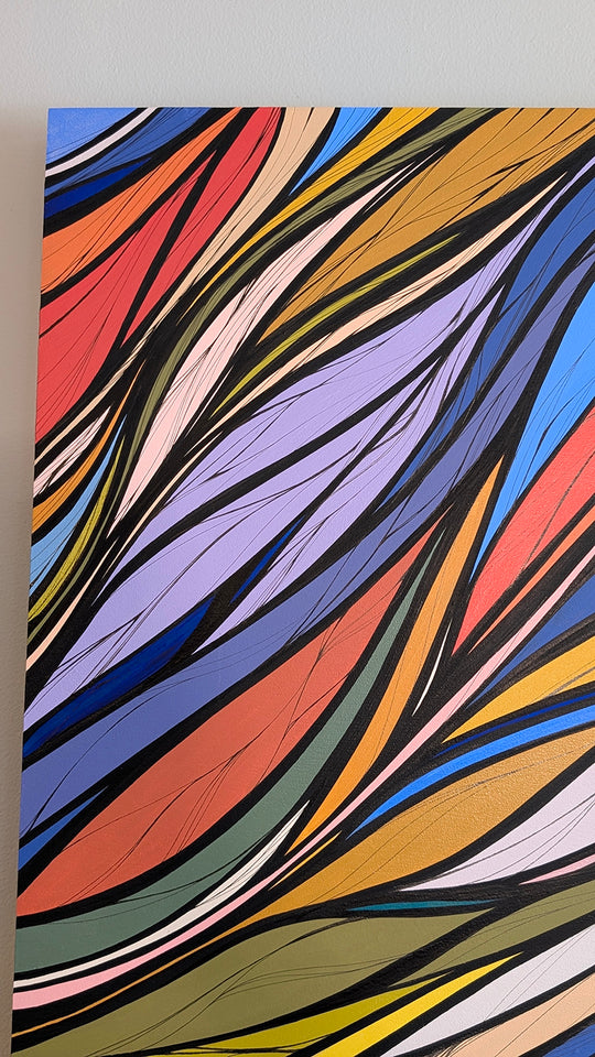 Abstract wavy original painting featuring flowing diagonal bands of orange, purple, blue, red, yellow, pink, and olive green separated by bold black lines, shown hanging on a light gray wall. Resonance Original Painting by Briana Feola