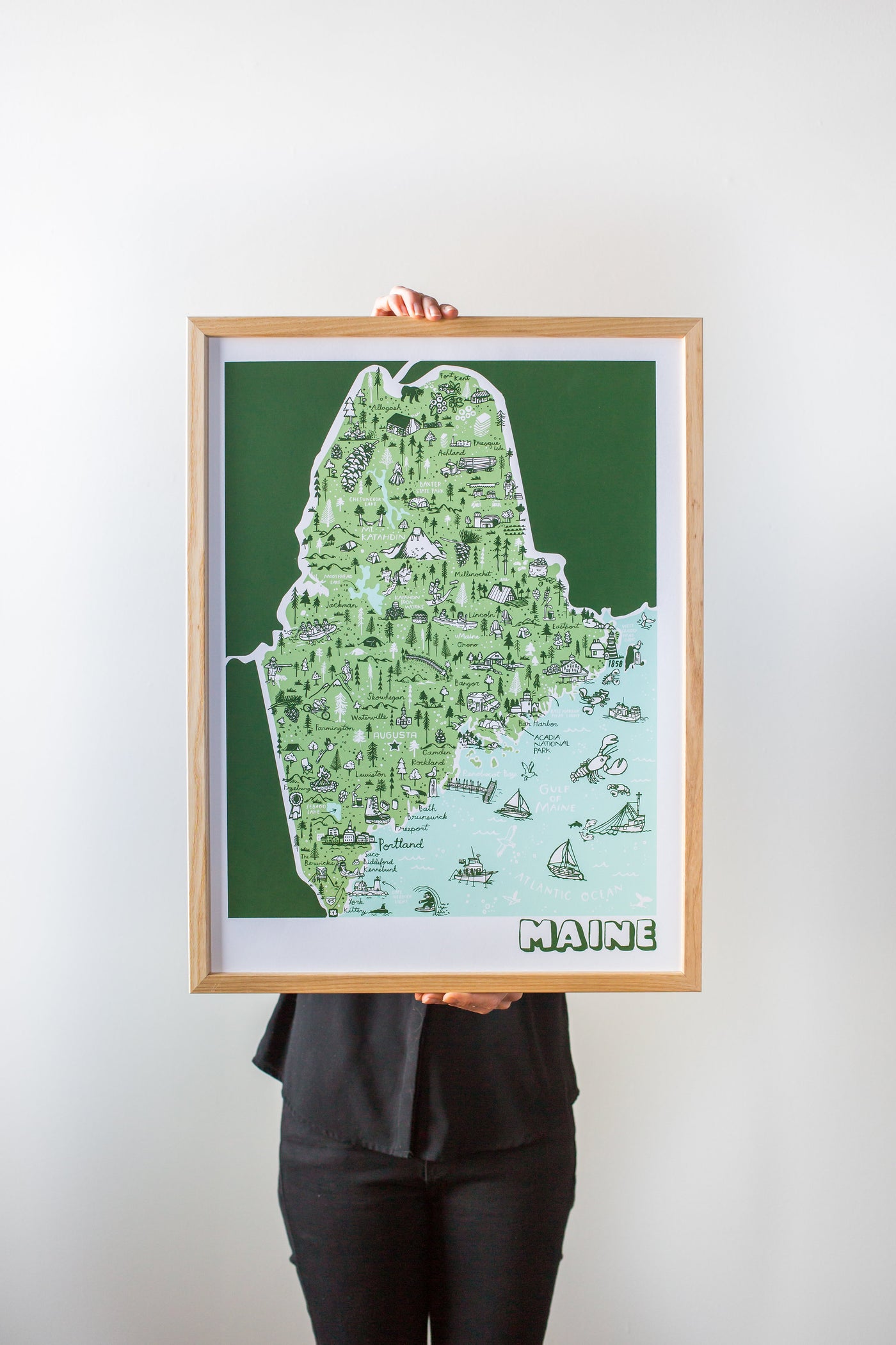 Maine Map Print by Brainstorm - Visit Portland, Kennebunkport, Acadia, Freeport, York, Fryeburg, Camden, Mt. Katahdin, Lewiston, Allagash