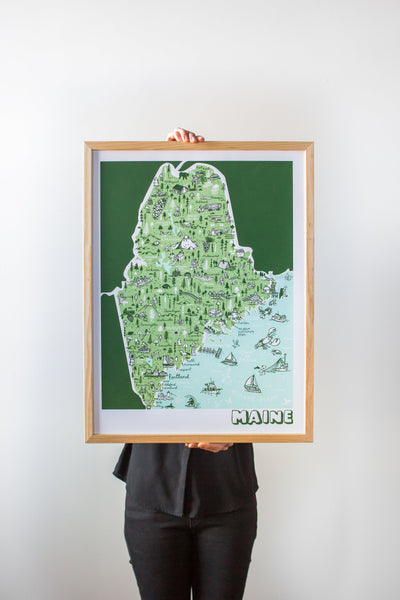 Maine Map Print by Brainstorm - Visit Portland, Kennebunkport, Acadia, Freeport, York, Fryeburg, Camden, Mt. Katahdin, Lewiston, Allagash