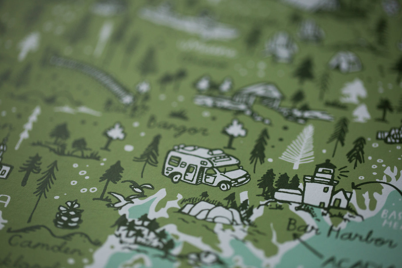 Maine Map Print by Brainstorm - Visit Portland, Kennebunkport, Acadia, Freeport, York, Fryeburg, Camden, Mt. Katahdin, Lewiston, Allagash