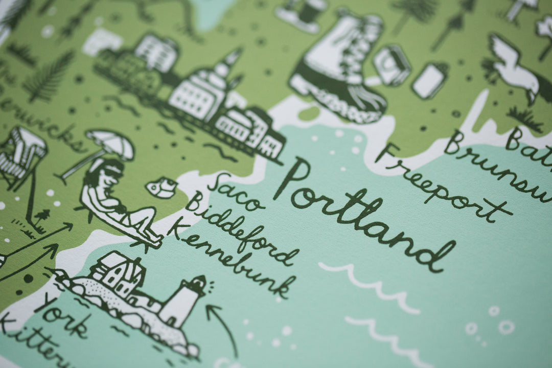 Maine Map Print by Brainstorm - Visit Portland, Kennebunkport, Acadia, Freeport, York, Fryeburg, Camden, Mt. Katahdin, Lewiston, Allagash