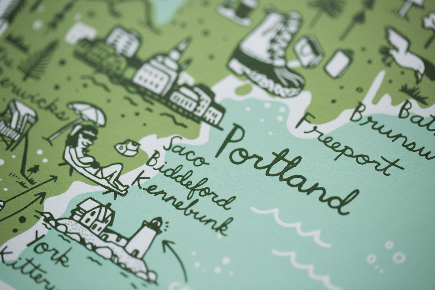 Maine Map Print by Brainstorm - Visit Portland, Kennebunkport, Acadia, Freeport, York, Fryeburg, Camden, Mt. Katahdin, Lewiston, Allagash