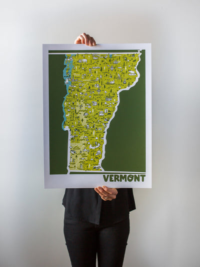 Vermont Map Print by Brainstorm - Visit Vermont! The Green Mountain State - Middlebury, Burlington, Waterbury, Woodstock, Rutland, Stowe, Ludlow, Shelburne 